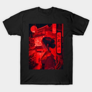 Red neon Japanese girl T-Shirt